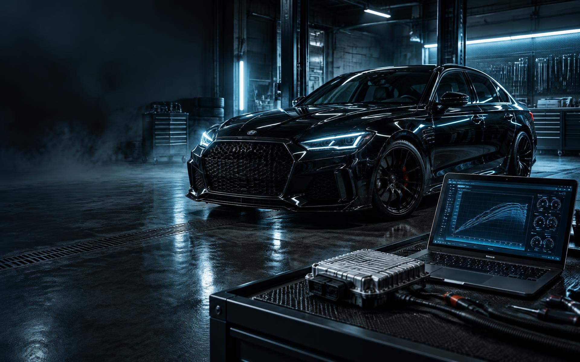 Performance car in a tuning workshop with diagnostic equipment